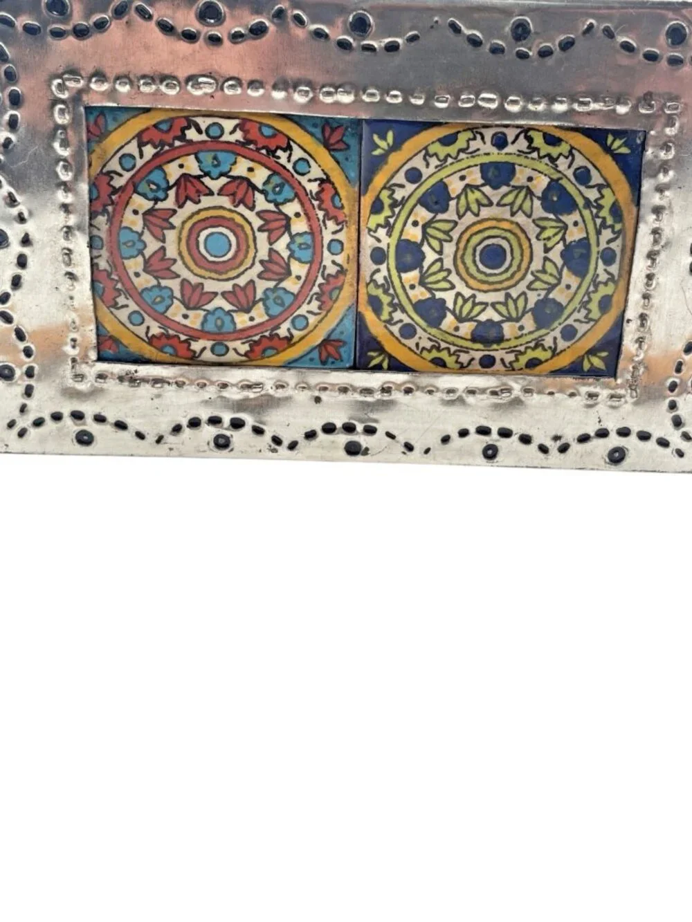 NEW Mexican Folk Art Hand Punched Tin Talavera Tiles Jewelry Trinket Box